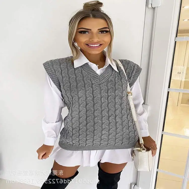 Black Knit V-Neck Sleeveless Vest with White Shirt - Image 2