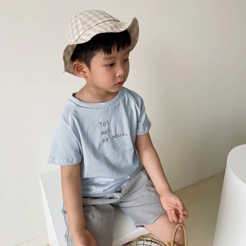 Kids Letter Print T-Shirt Light Blue Short Sleeve Pure Cotton