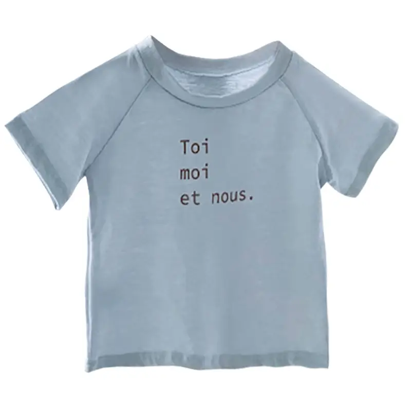 Kids Letter Print T-Shirt Light Blue Short Sleeve Pure Cotton