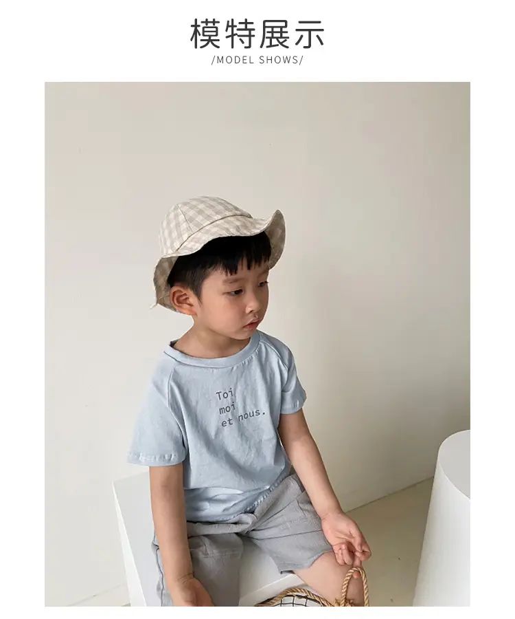 Kids Letter Print T-Shirt Light Blue Short Sleeve Pure Cotton — feature 5