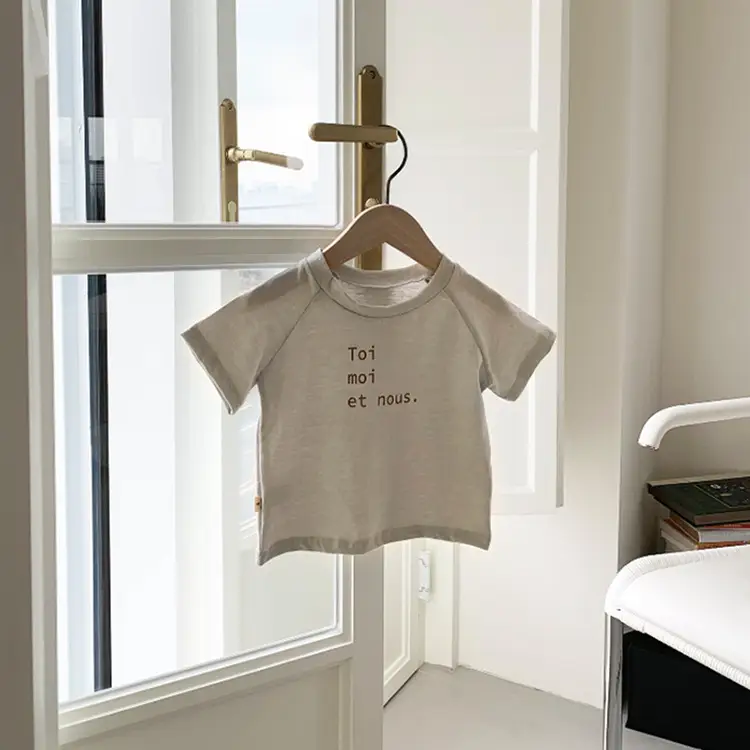 Kids Letter Print T-Shirt Light Blue Short Sleeve Pure Cotton — feature 8
