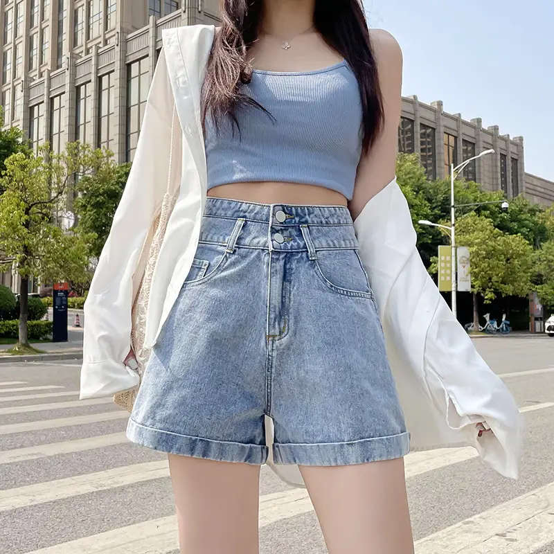 Women High Waist Denim Shorts White Slim Fit - Image 5