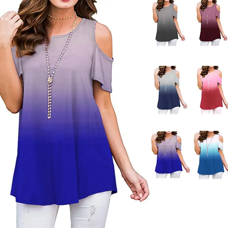 Women Gradient Printed Cold Shoulder T-Shirt Grey Blue - Image 9