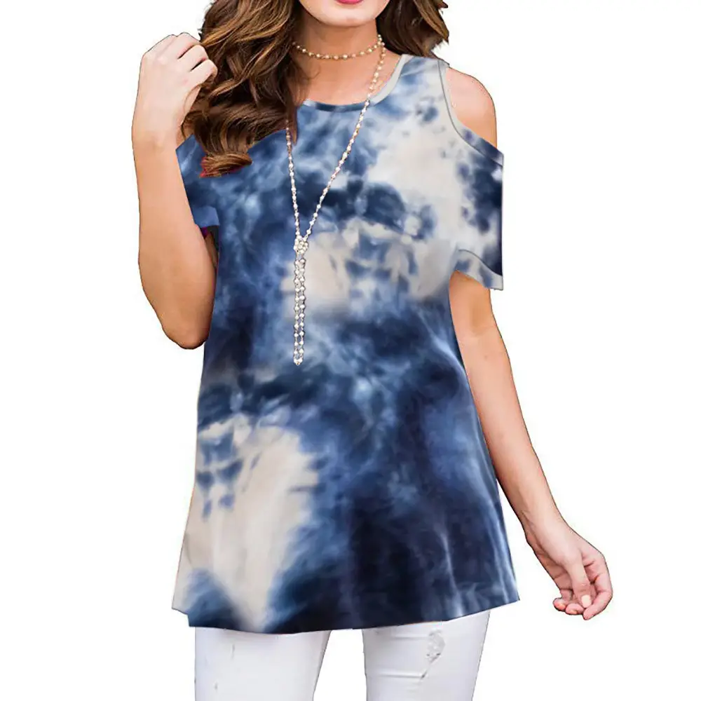 Women Gradient Printed Cold Shoulder T-Shirt Grey Blue - Image 6