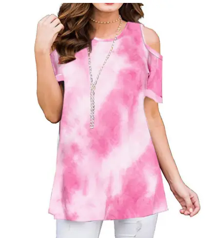 Women Gradient Printed Cold Shoulder T-Shirt Grey Blue - Image 7