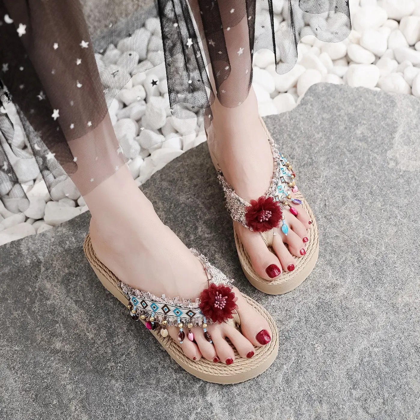 Women's Floral Embroidered Flip-Flops Summer Beaded Thick Sole - Image 6