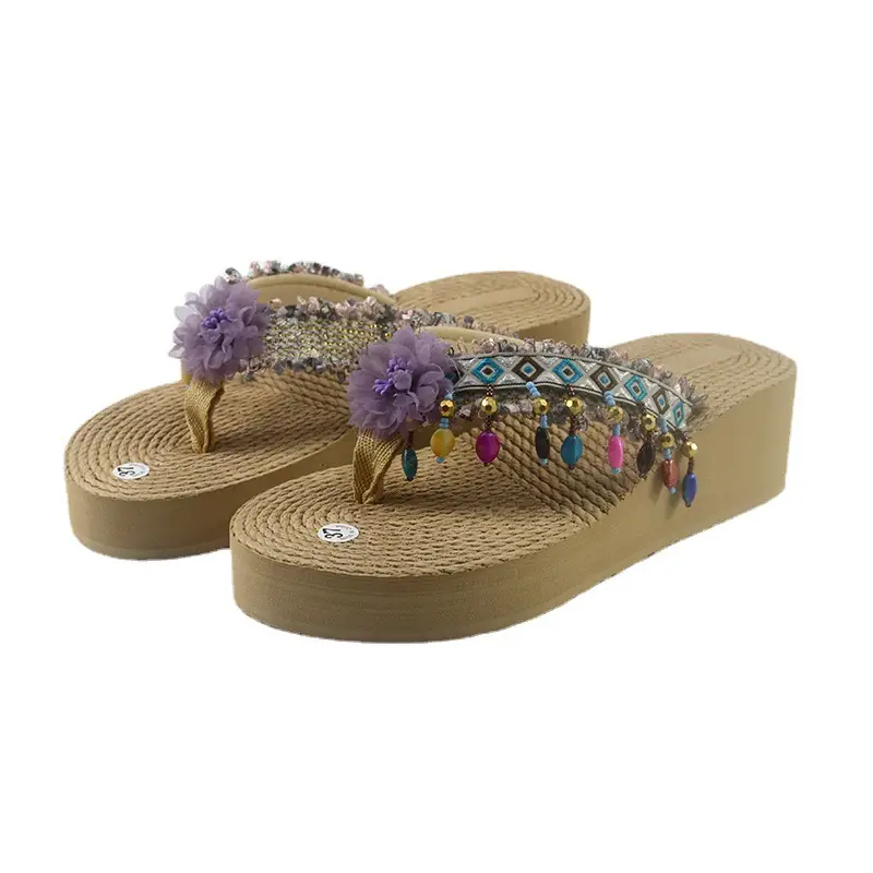 Women's Floral Embroidered Flip-Flops Summer Beaded Thick Sole - Image 8