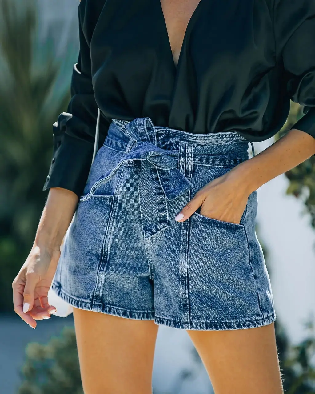 Women Denim Shorts High Waist Wash Blue Belt — feature 7