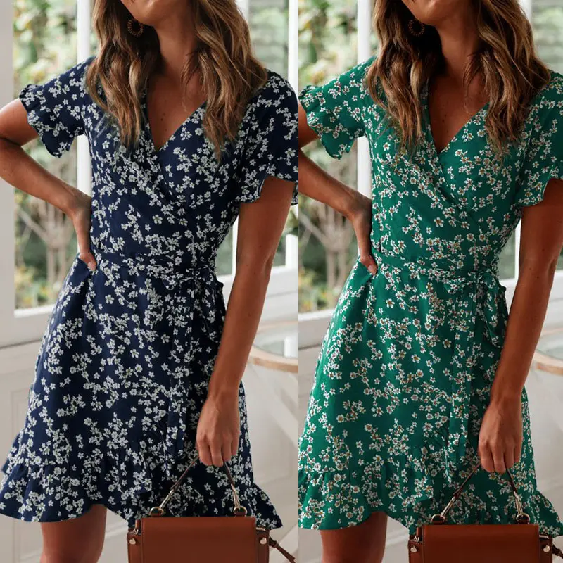 2025 Summer Floral V Neck Lace-Up Dress - Image 5