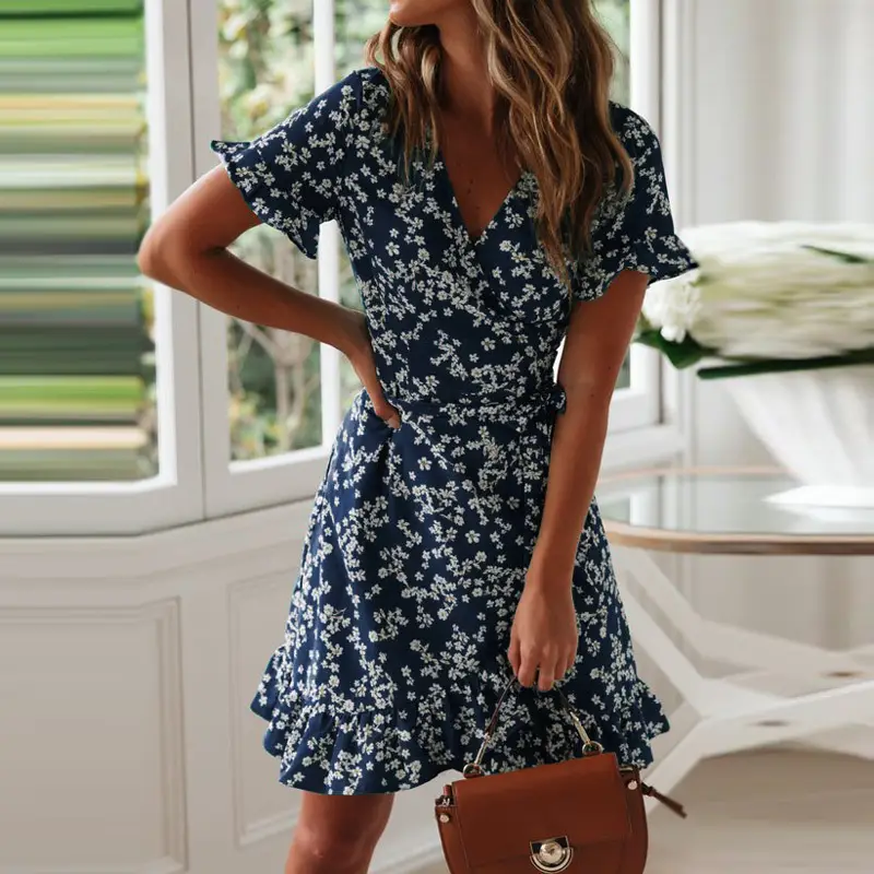 2025 Summer Floral V Neck Lace-Up Dress - Image 8