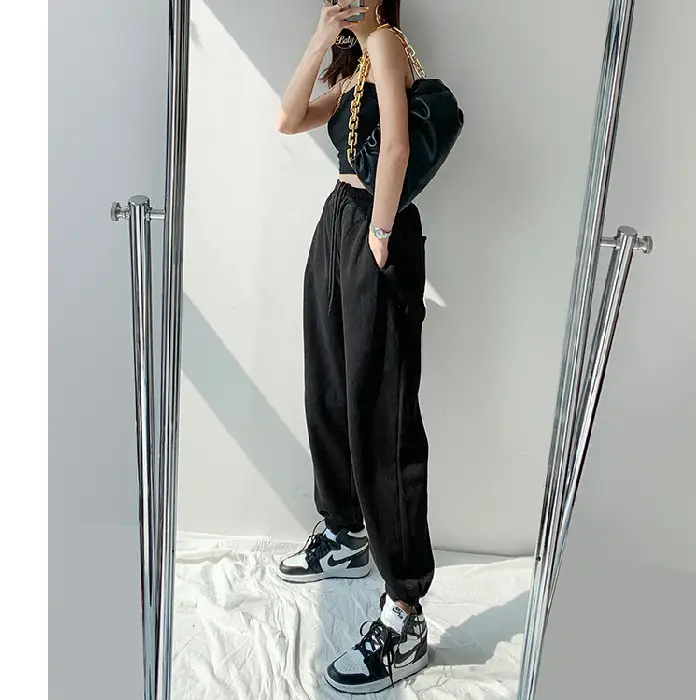 Women Black Leg Tie Sports Pants 2024 Slim High Waist - Image 2