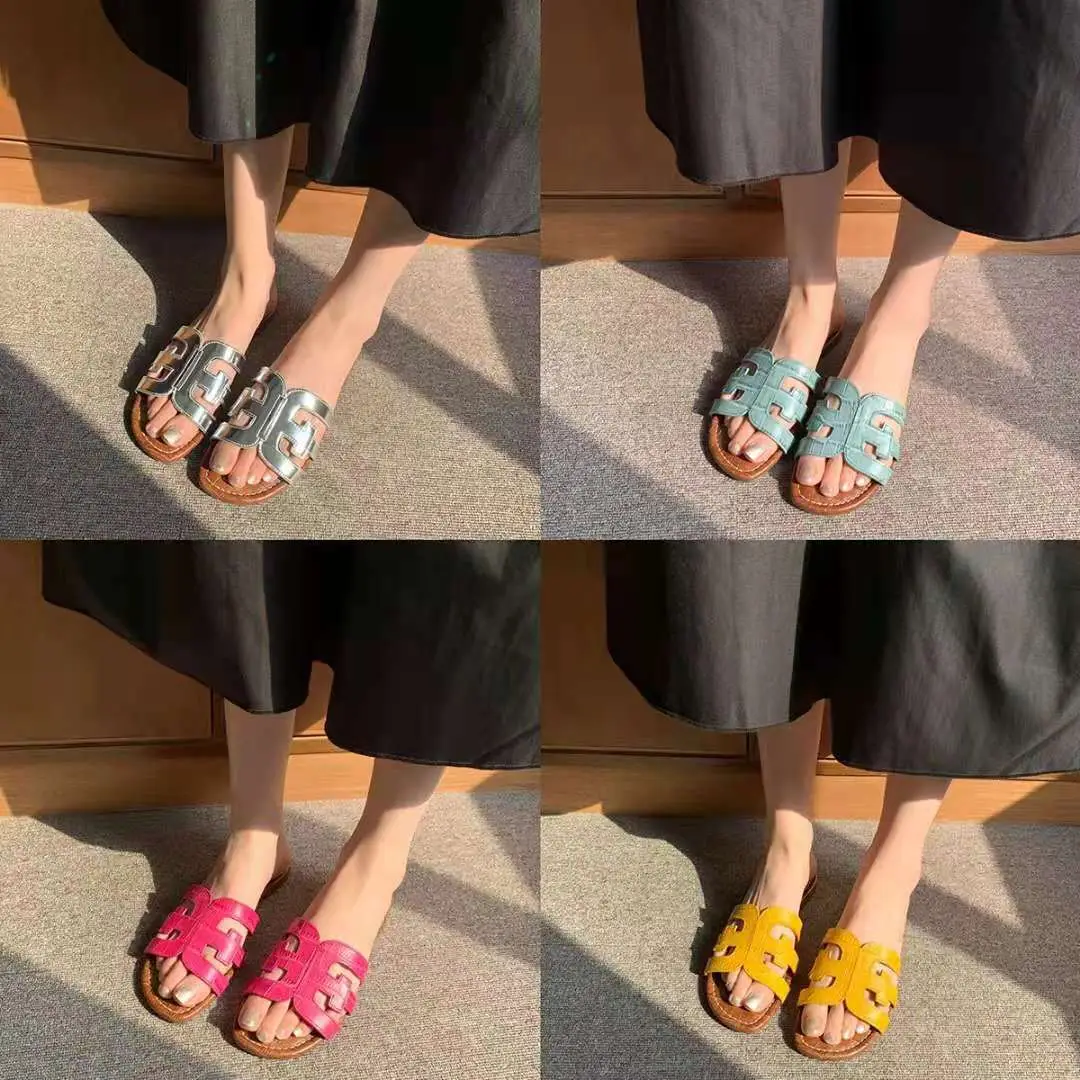 Women Beige Leather Flat Sandals Summer Breathable