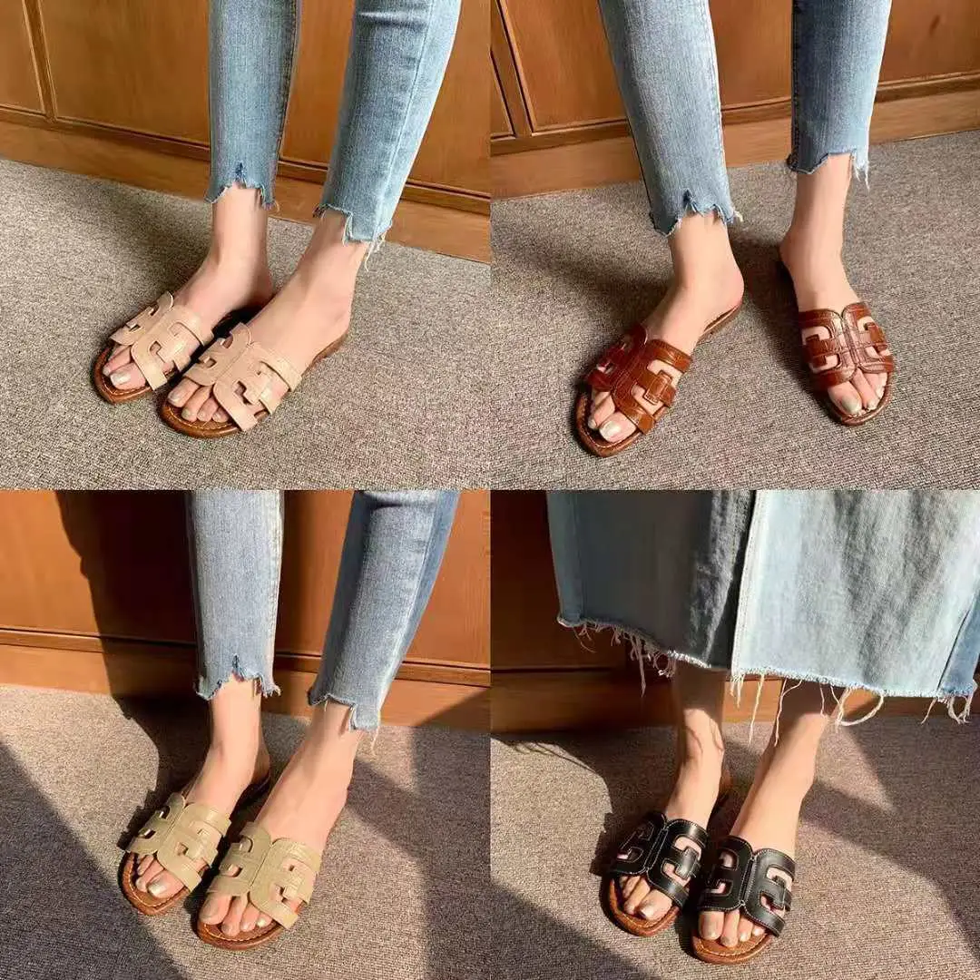 Women Beige Leather Flat Sandals Summer Breathable