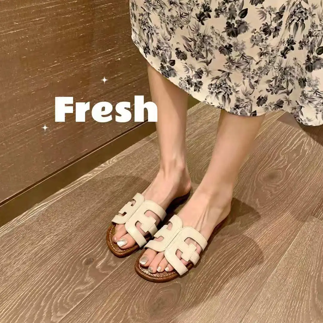 Women Beige Leather Flat Sandals Summer Breathable