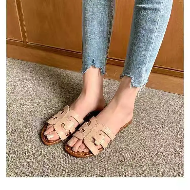 Women Beige Leather Flat Sandals Summer Breathable