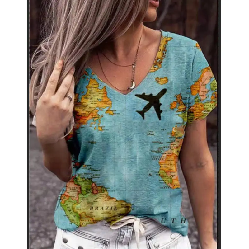Women Printed T-Shirt Red White Blue Star Design Short Sleeve - Image 9