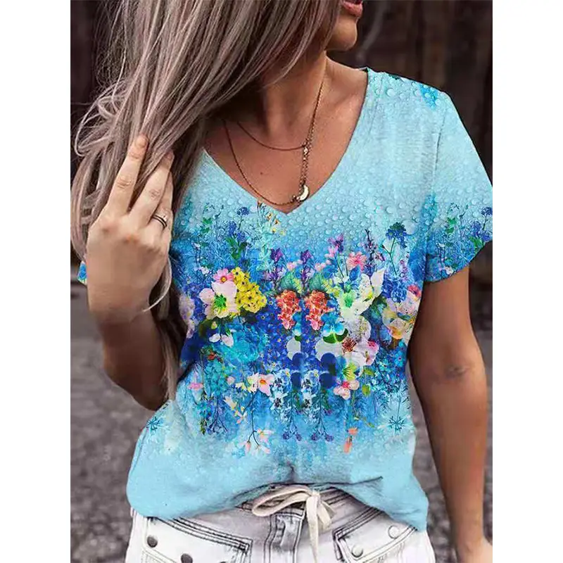 Women Printed T-Shirt Red White Blue Star Design Short Sleeve — feature 8