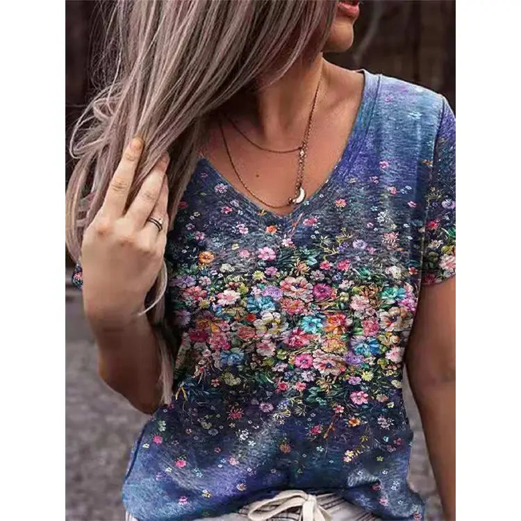 Women Printed T-Shirt Red White Blue Star Design Short Sleeve — feature 7