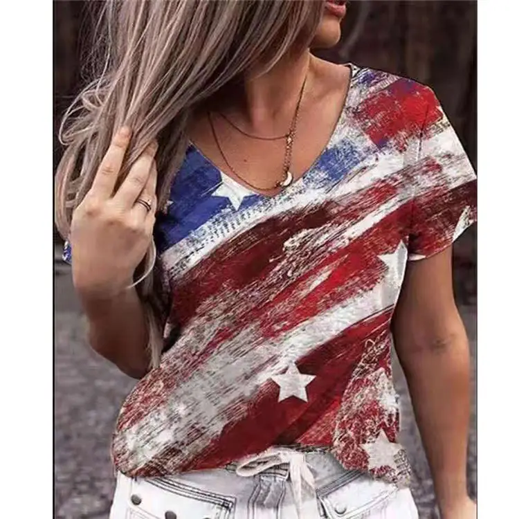 Women Printed T-Shirt Red White Blue Star Design Short Sleeve - Image 7