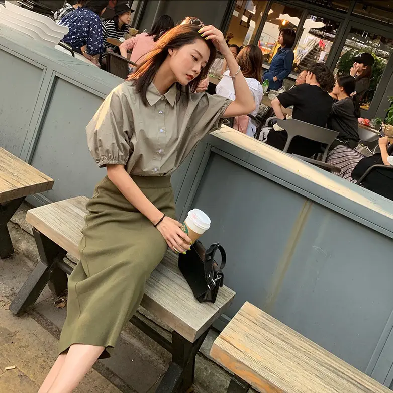 Women's Puff Sleeve Sweet Loose Korean Shirt Beige - Image 4
