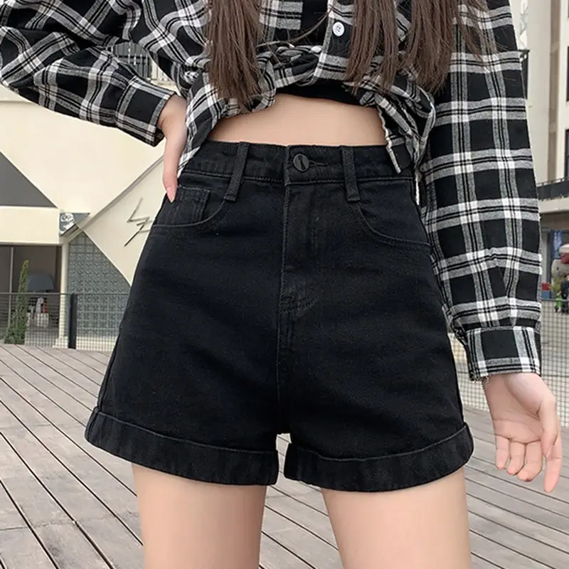 Denim Shorts Female 2021 Black A-Line Slim Fit - Image 2