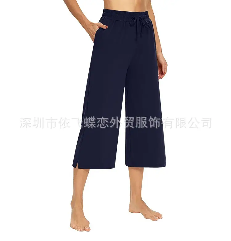 Ladies Navy Wide Leg Drawstring Pants Capri Style - Image 5