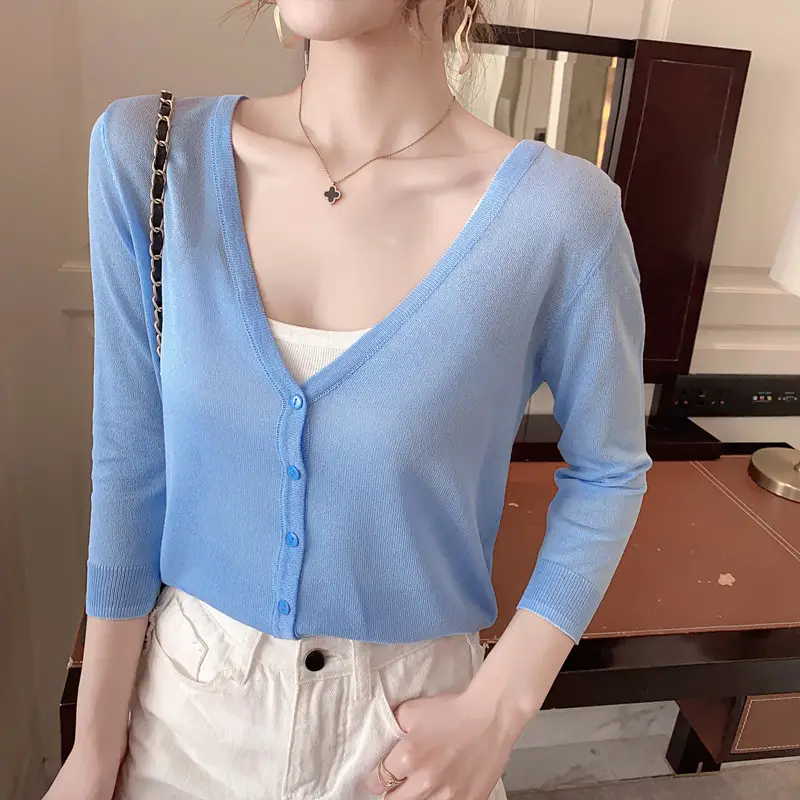 Women Ice Silk Knitted Cardigan with Skirt Blue Summer Top - Image 7