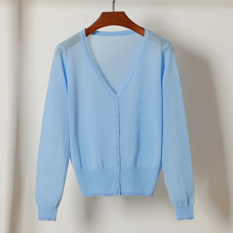 Women Ice Silk Knitted Cardigan with Skirt Blue Summer Top - Image 6
