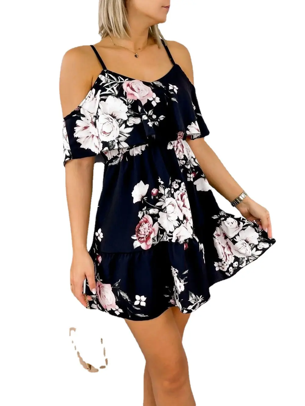 2023 Printed V-Neck Patchwork Off-Shoulder Dress - Image 6