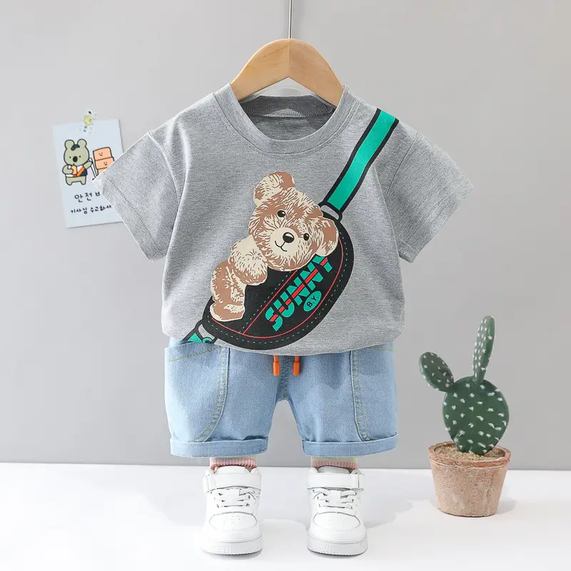 Baby Bear Print T-Shirt Set Green White Kids Clothing