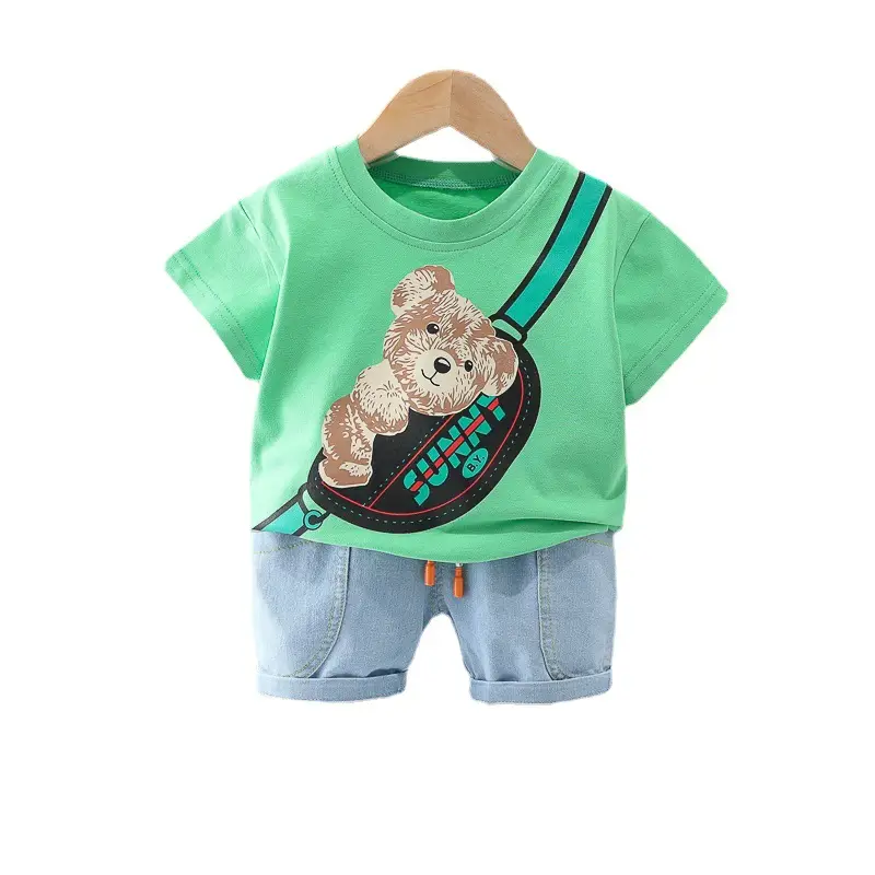 Baby Bear Print T-Shirt Set Green White Kids Clothing