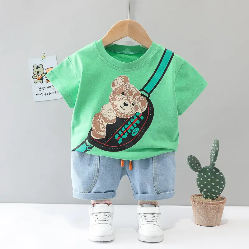 Baby Bear Print T-Shirt Set Green White Kids Clothing
