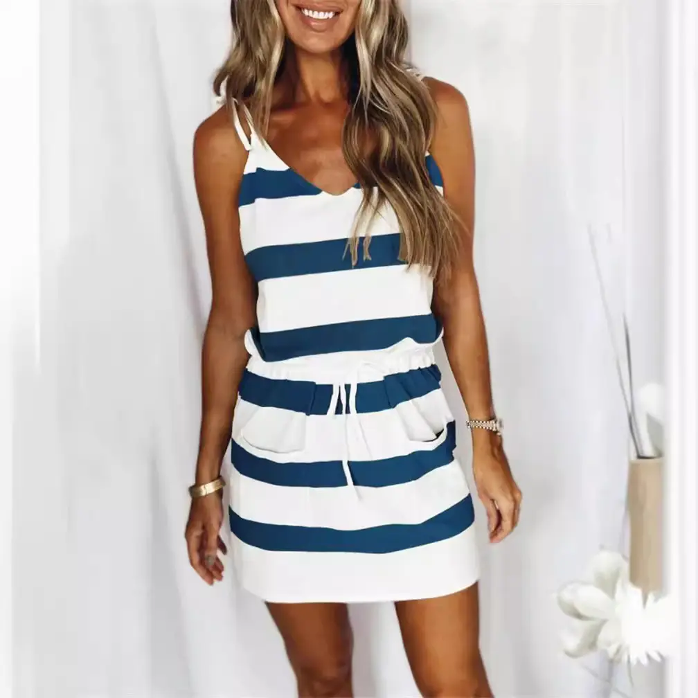 Women's Blue White Striped Cross Body Vest Dress with Belt - Image 14