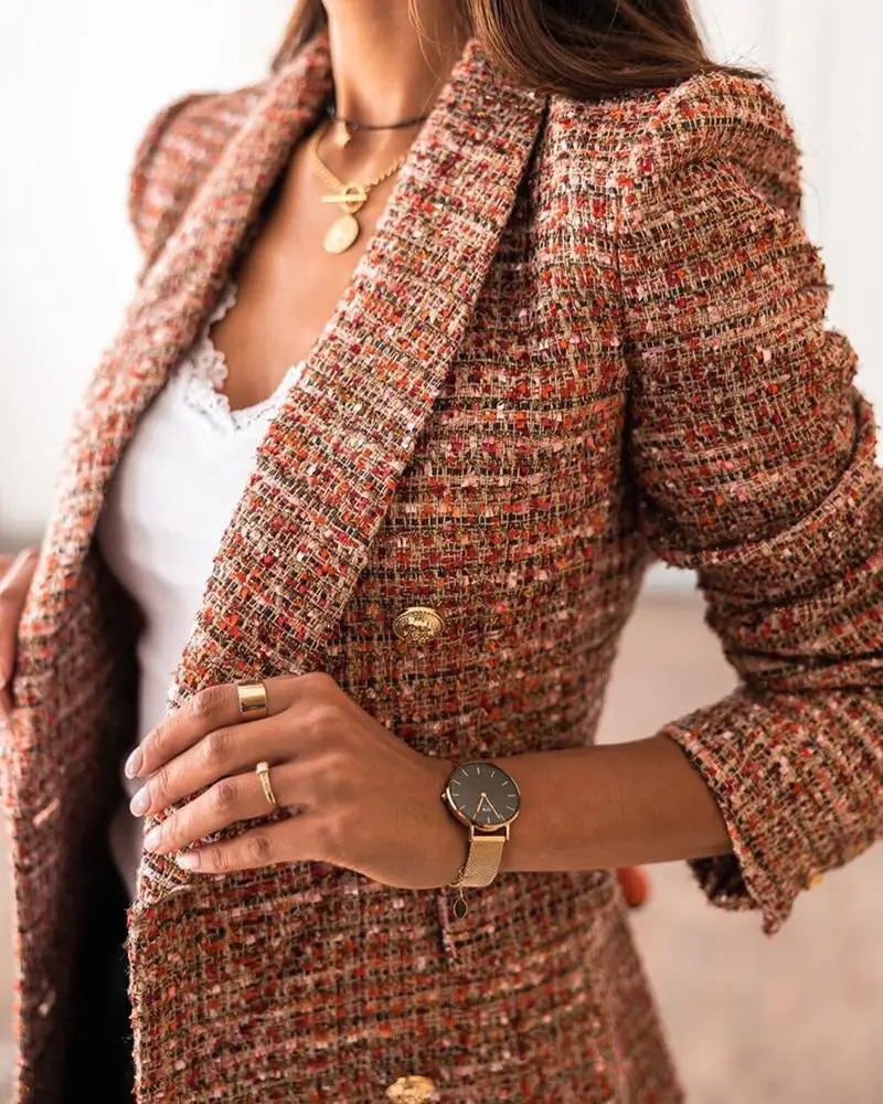 Women's Long-Sleeved Printed Blazer Brown Button Front — feature 13