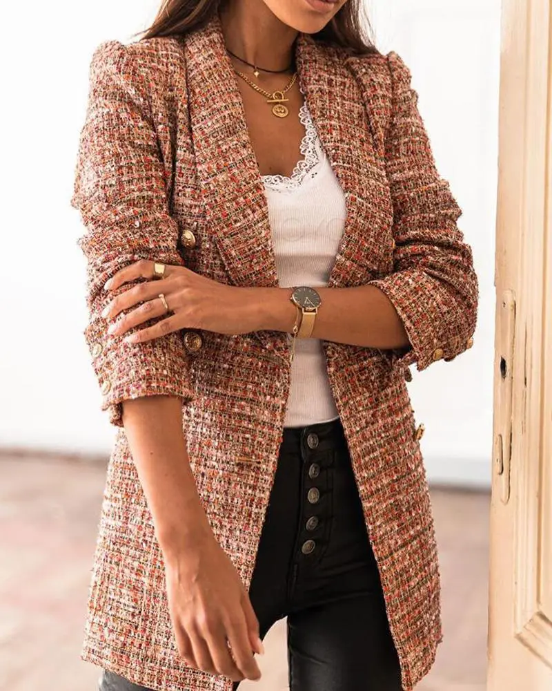 Women's Long-Sleeved Printed Blazer Brown Button Front — feature 14