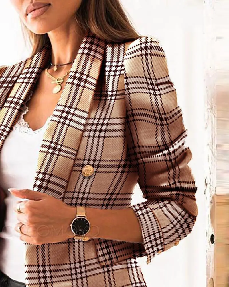 Women's Long-Sleeved Printed Blazer Brown Button Front — feature 16