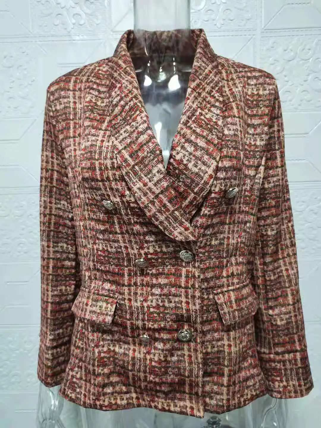 Women's Long-Sleeved Printed Blazer Brown Button Front — feature 5