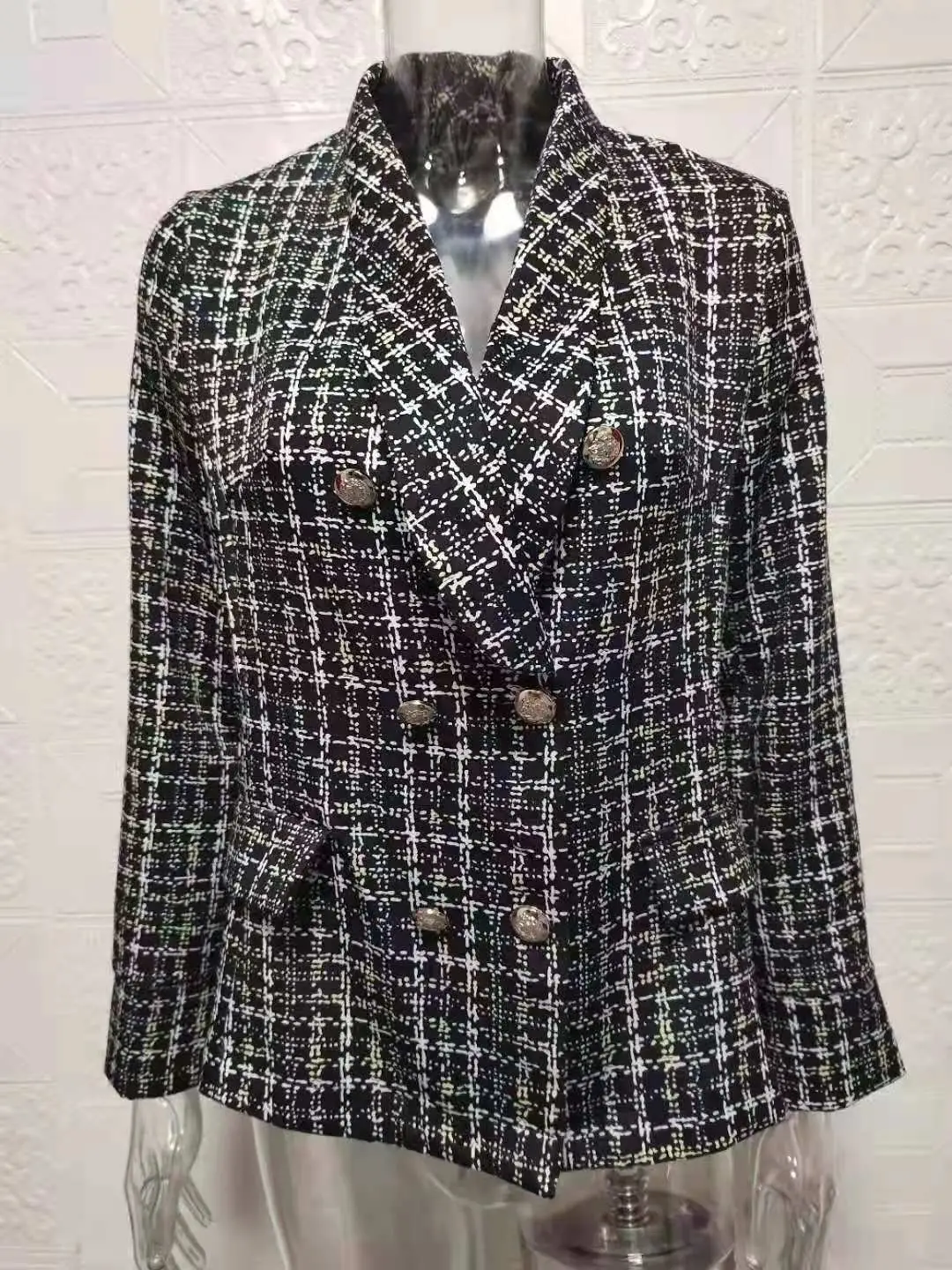 Women's Long-Sleeved Printed Blazer Brown Button Front — feature 6
