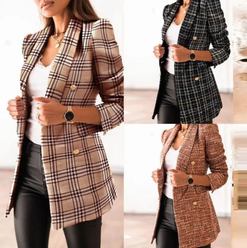Women's Long-Sleeved Printed Blazer Brown Button Front — feature 8