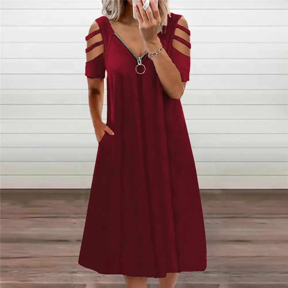 2023 V Neck Sexy Zipper Dress Red - Image 11