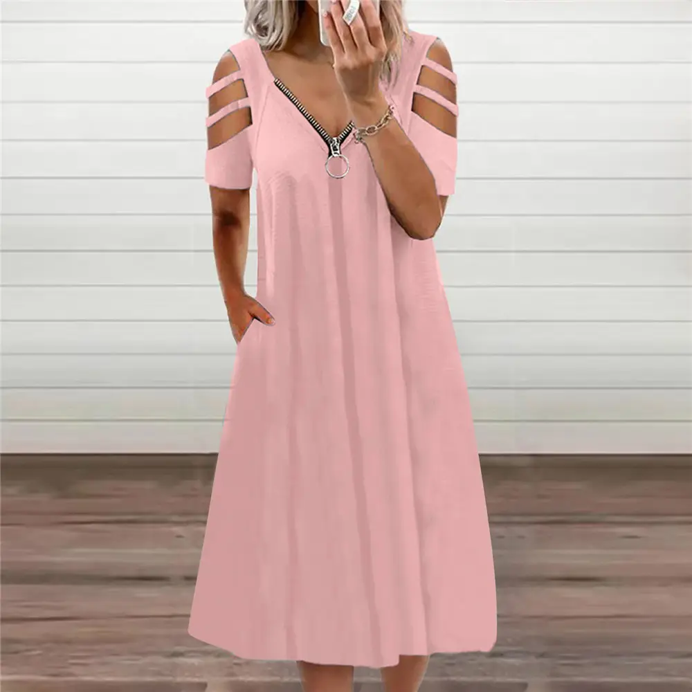 2023 V Neck Sexy Zipper Dress Red - Image 2