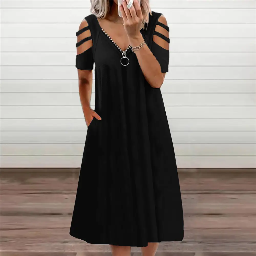 2023 V Neck Sexy Zipper Dress Red - Image 6