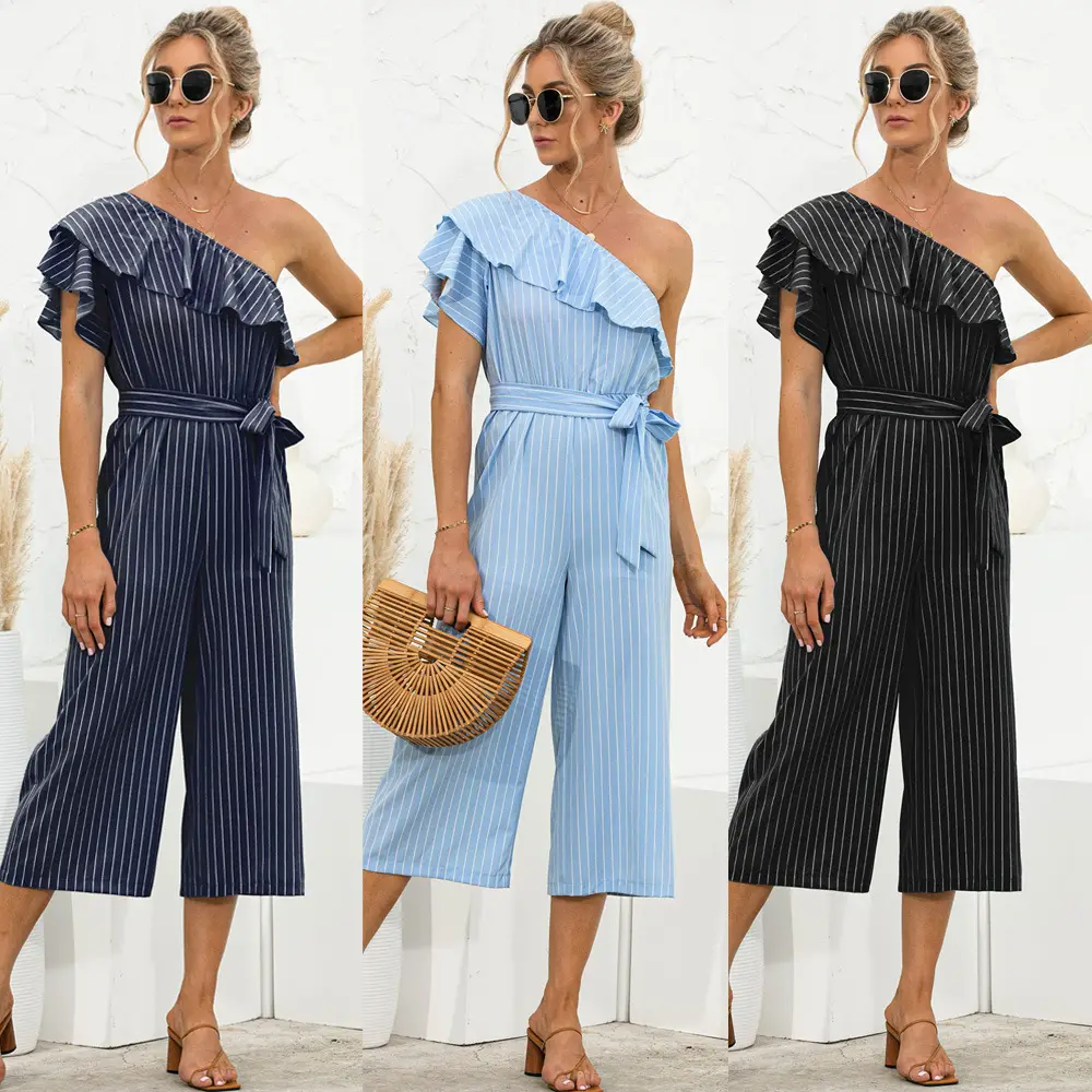 2021 Black Striped Slanted Shoulder Jumpsuit - Image 4