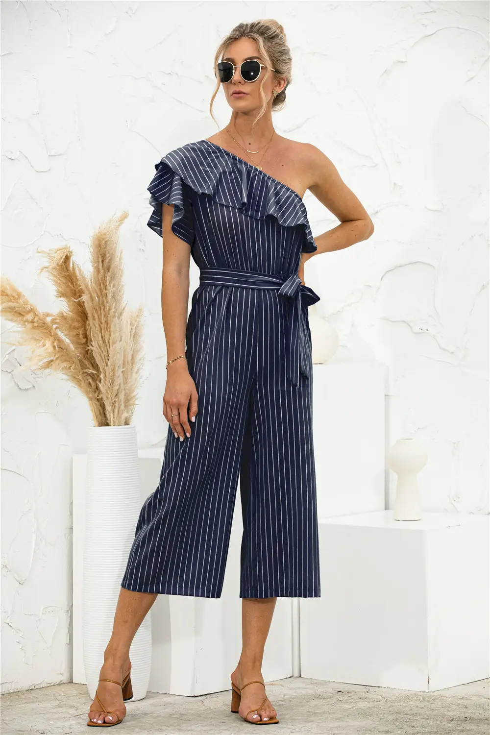 2021 Black Striped Slanted Shoulder Jumpsuit - Image 3