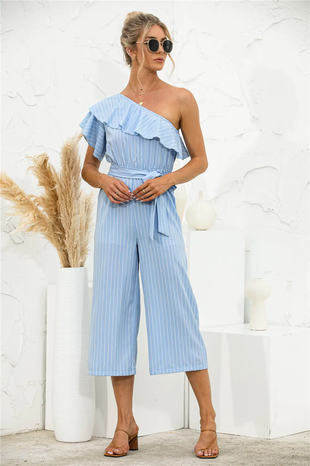 2021 Black Striped Slanted Shoulder Jumpsuit - Image 2