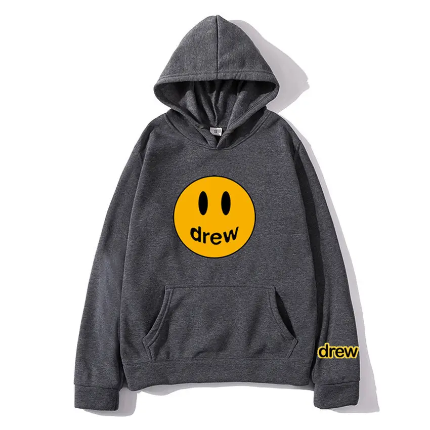 Men Grey Smile Face Hooded Hoodie Crewneck