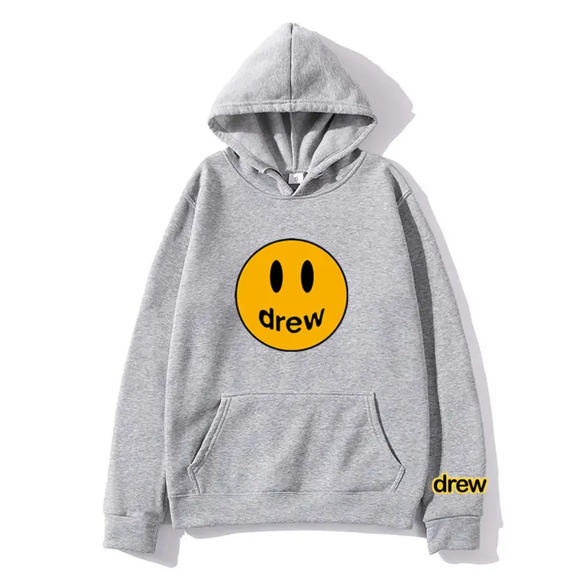 Men Grey Smile Face Hooded Hoodie Crewneck