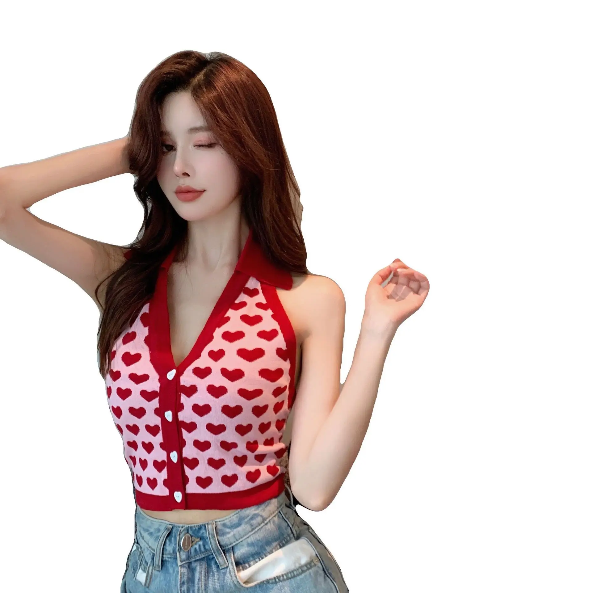 Women V-Neck Knitted Red Sweater Top