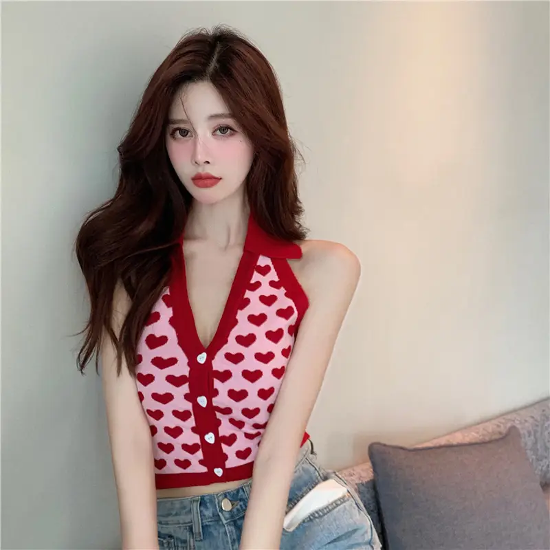 Women V-Neck Knitted Red Sweater Top — feature 1