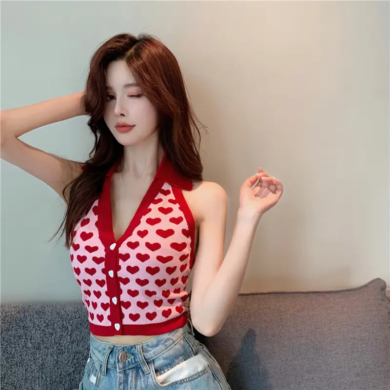 Women V-Neck Knitted Red Sweater Top — feature 2